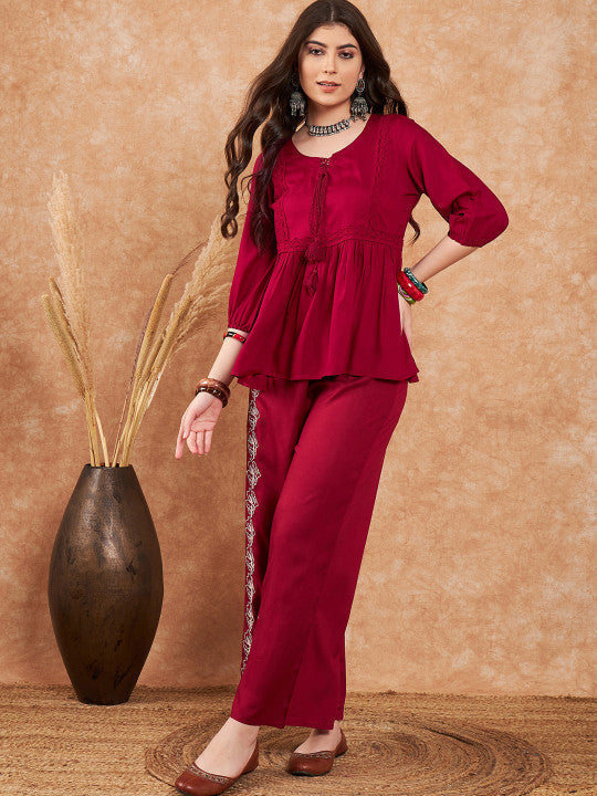 RUVA -Maroon Embellished Lace-Up Co-ord Set