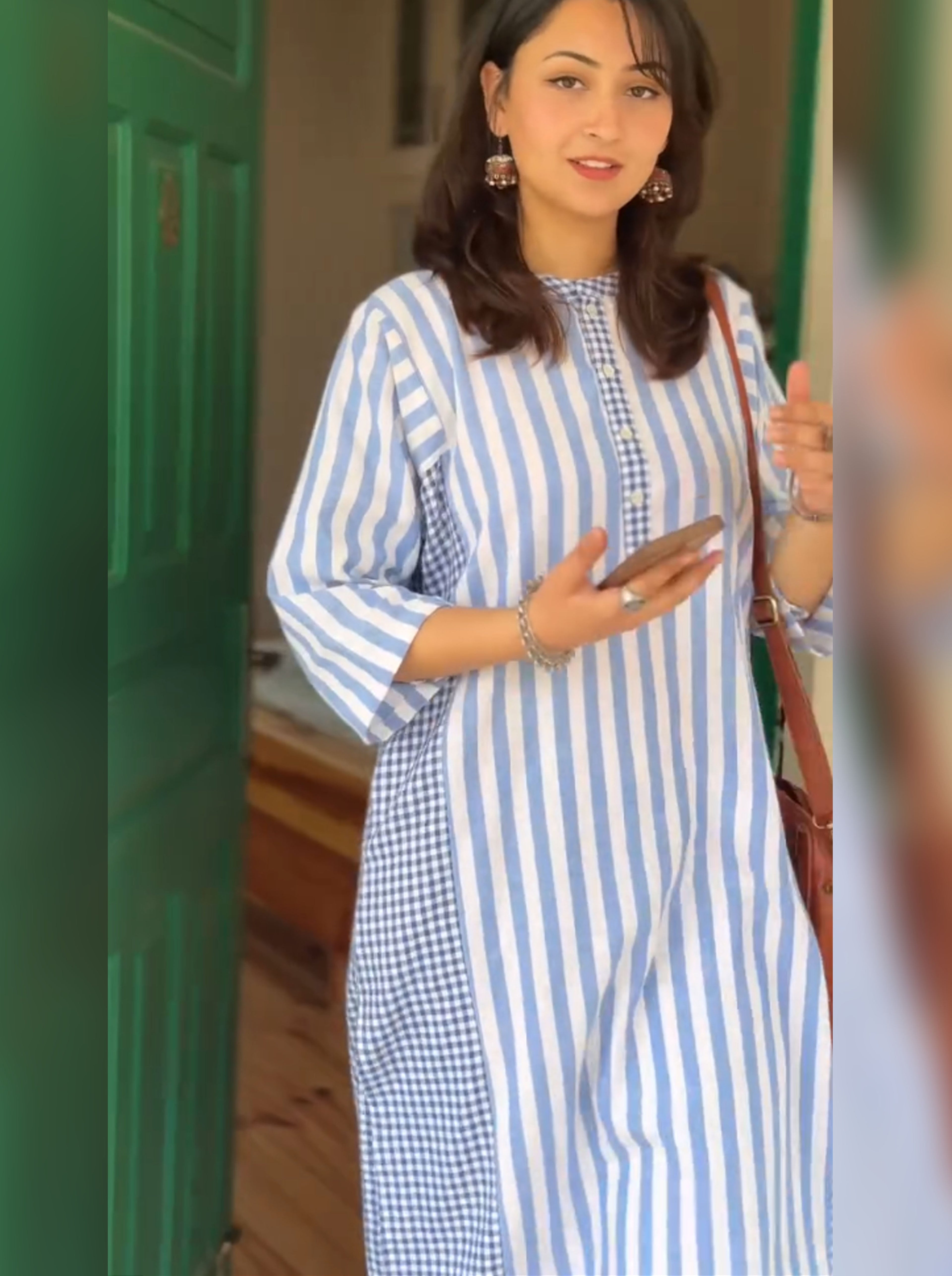 PYALI Pair – Soft Cotton Stripes & Checks Fusion Kurti Set