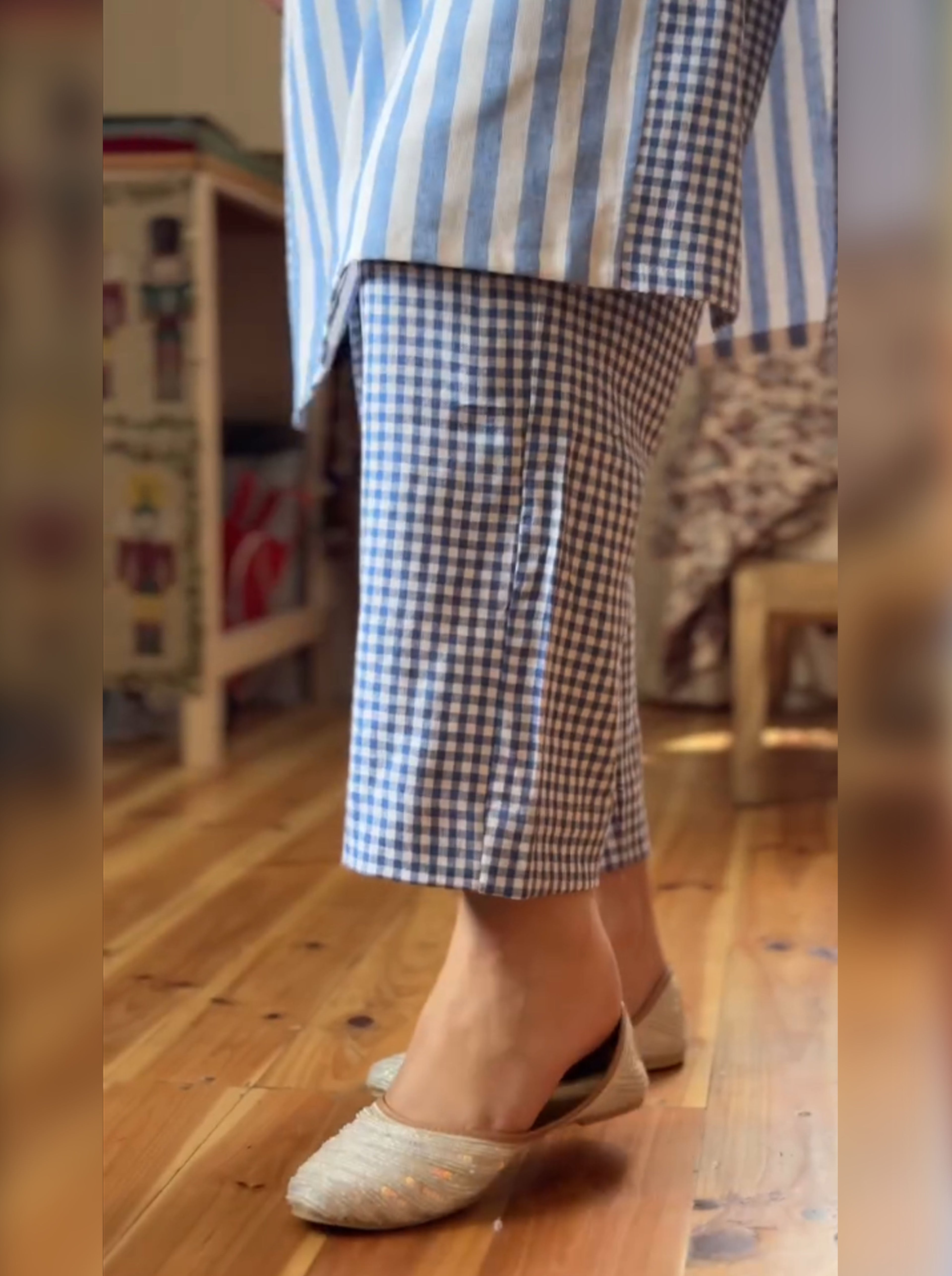 PYALI Pair – Soft Cotton Stripes & Checks Fusion Kurti Set