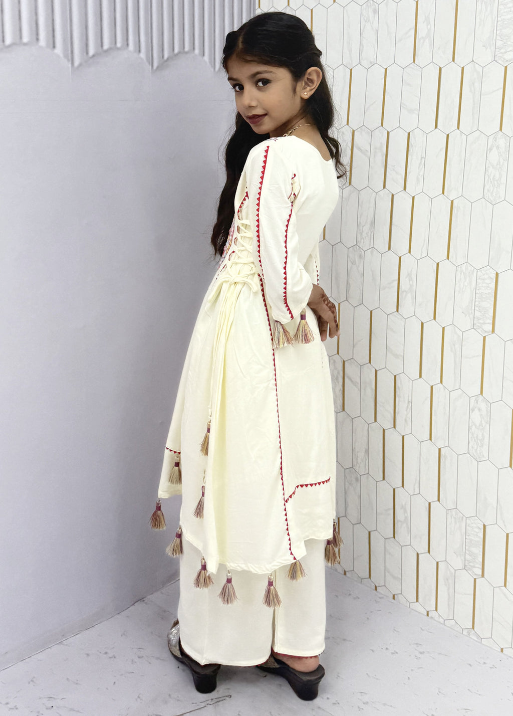 Morni-kids Traditional Cotton Mirror Embroidery Kurti Set