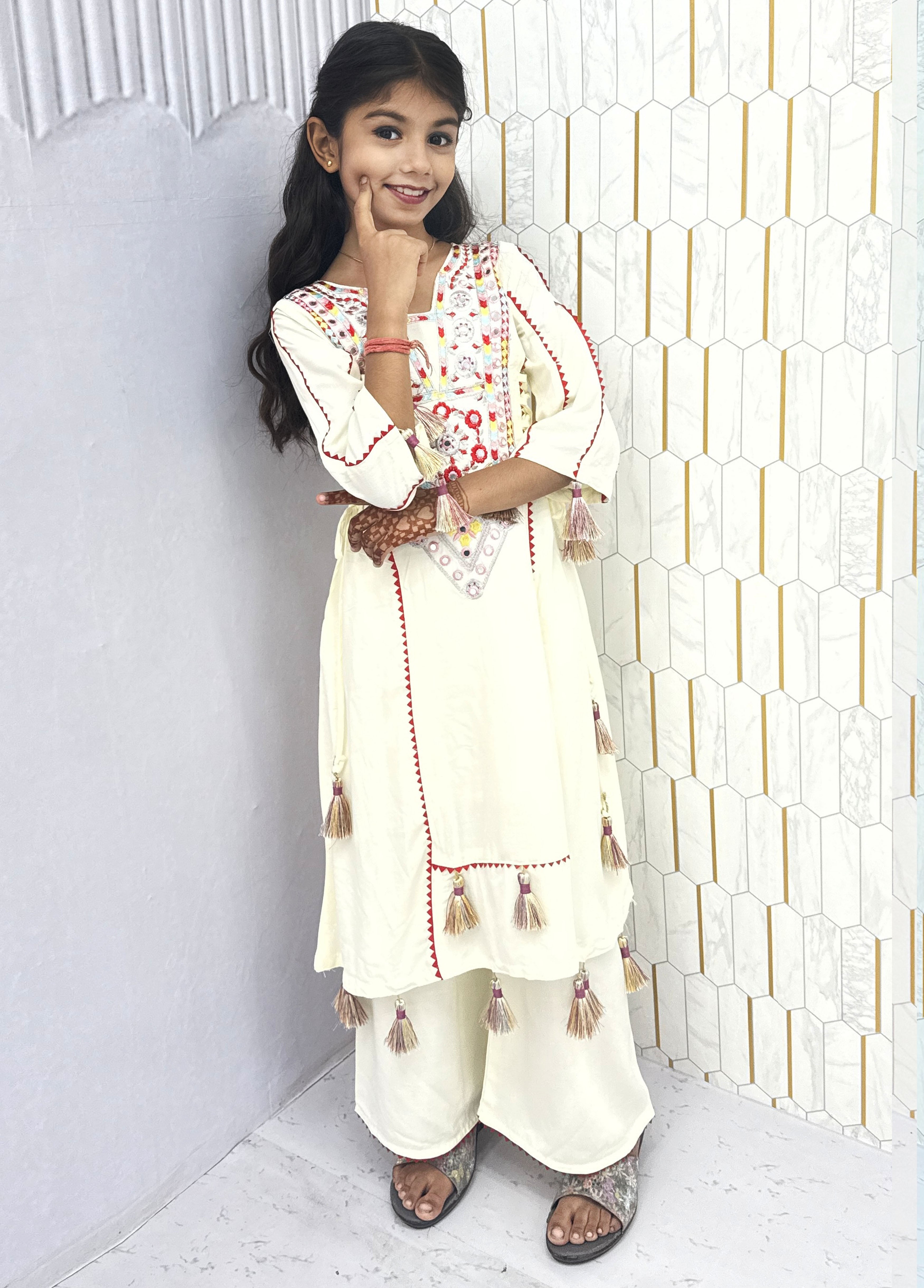 Morni-kids Traditional Cotton Mirror Embroidery Kurti Set