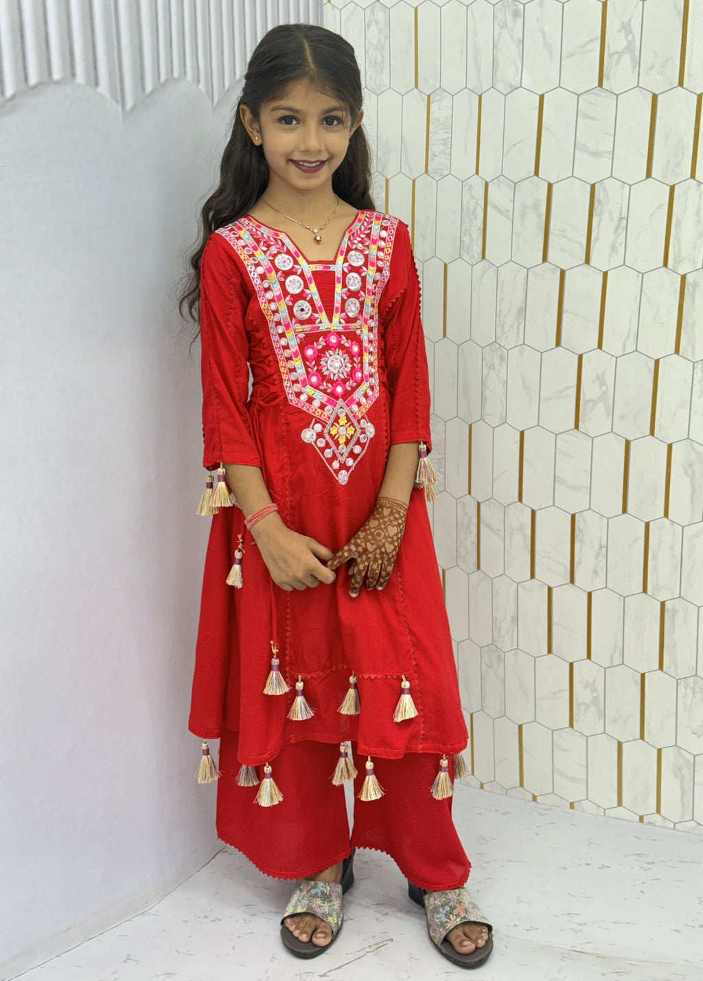 Morni-kids Traditional Cotton Mirror Embroidery Kurti Set