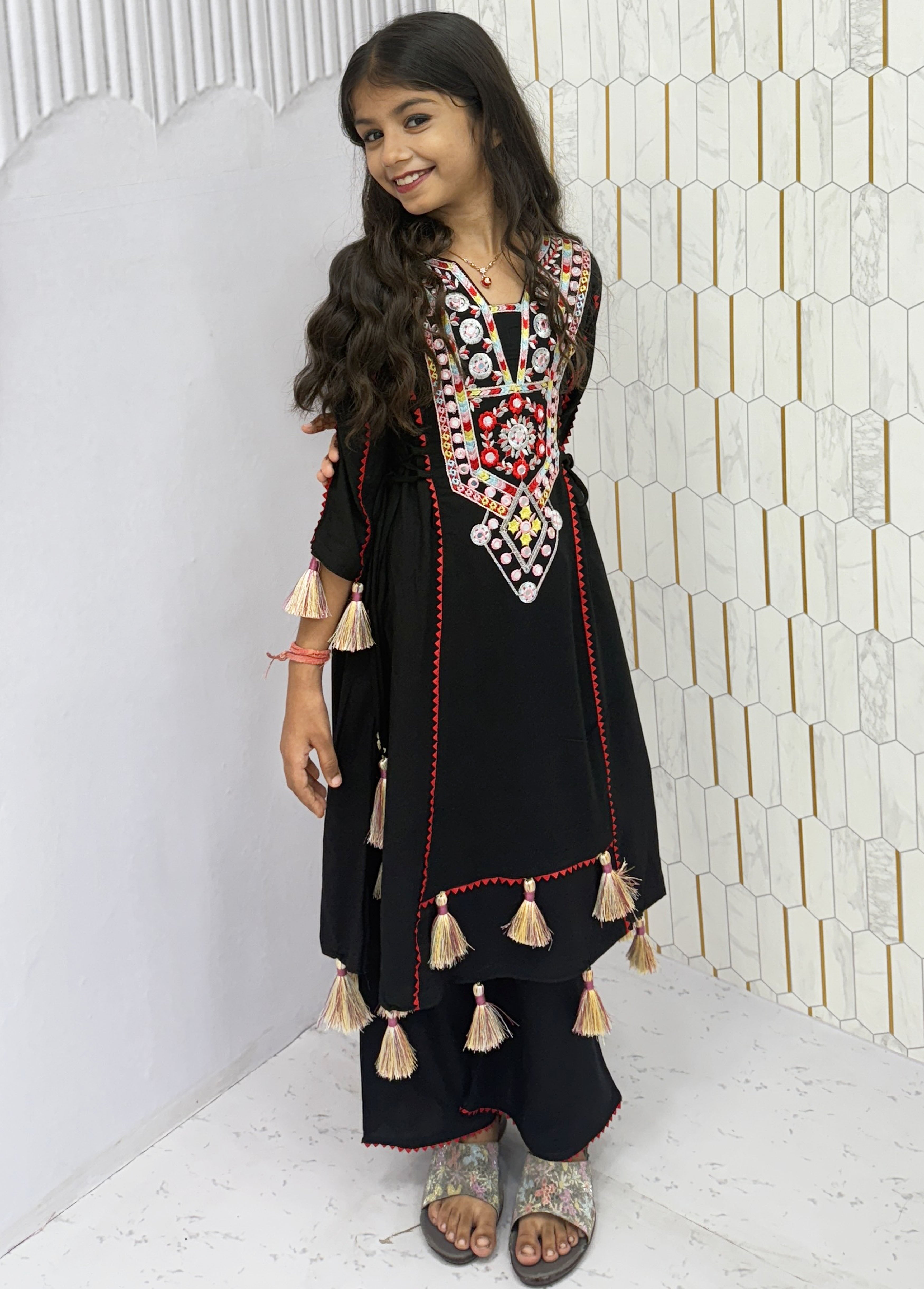 Morni-kids Traditional Cotton Mirror Embroidery Kurti Set