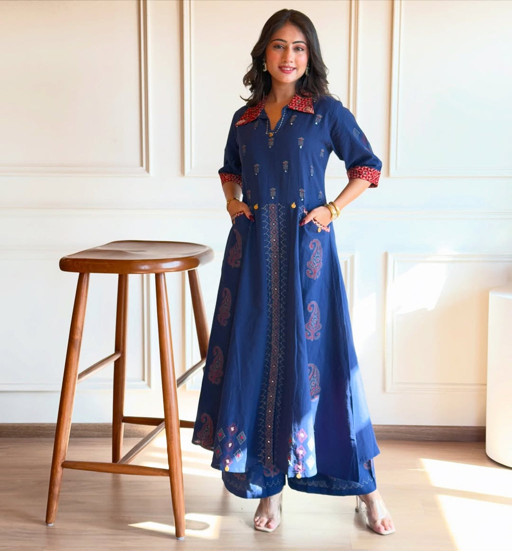 Zulekha -Elegant Navy Blue Block Print Kurta Set