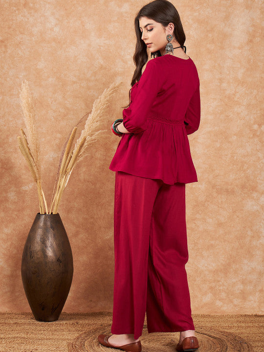 RUVA -Maroon Embellished Lace-Up Co-ord Set