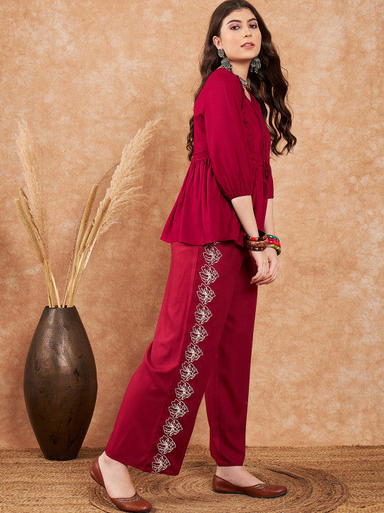 RUVA -Maroon Embellished Lace-Up Co-ord Set