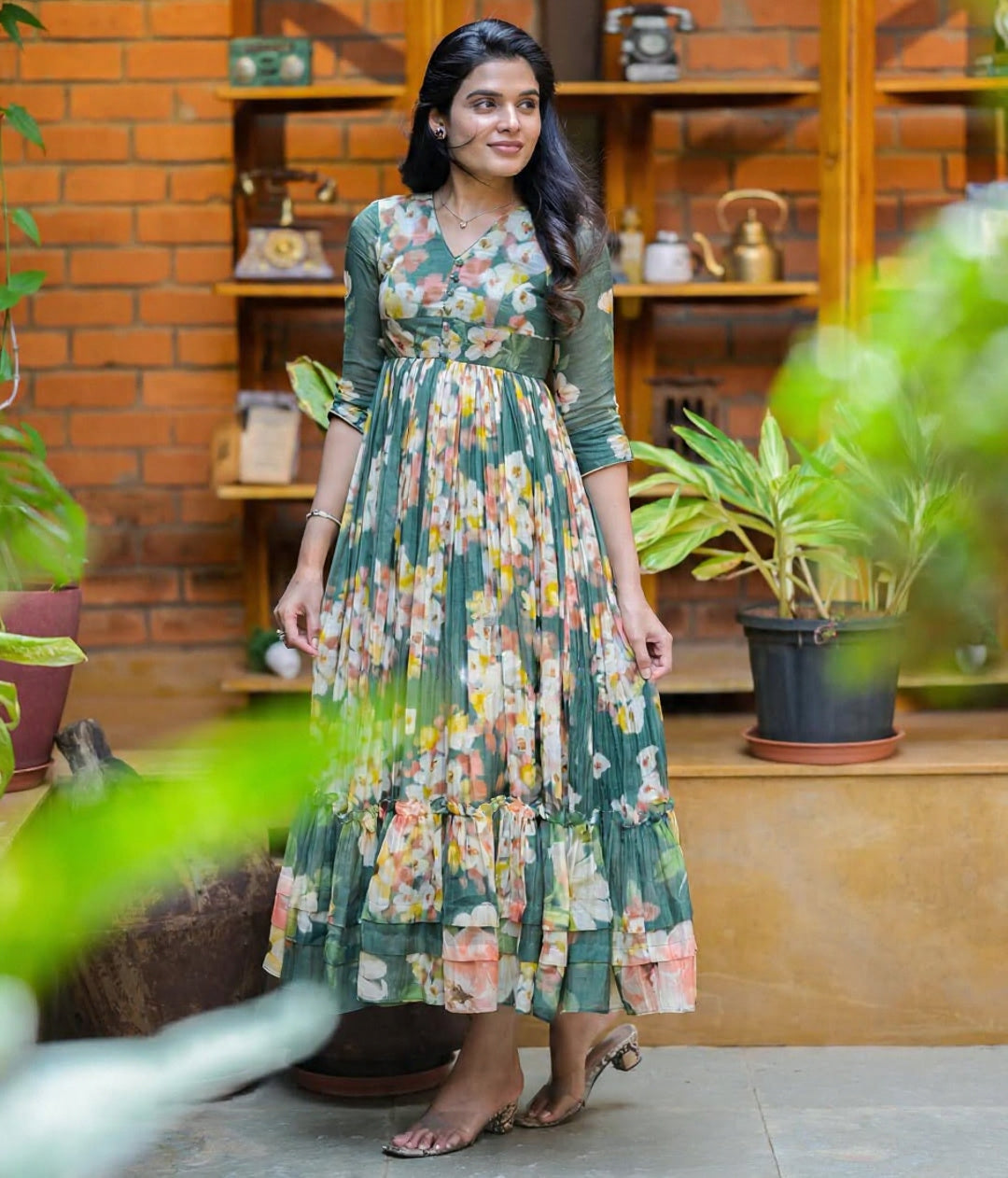 Nisha - Green Floral Midi Western Wear
